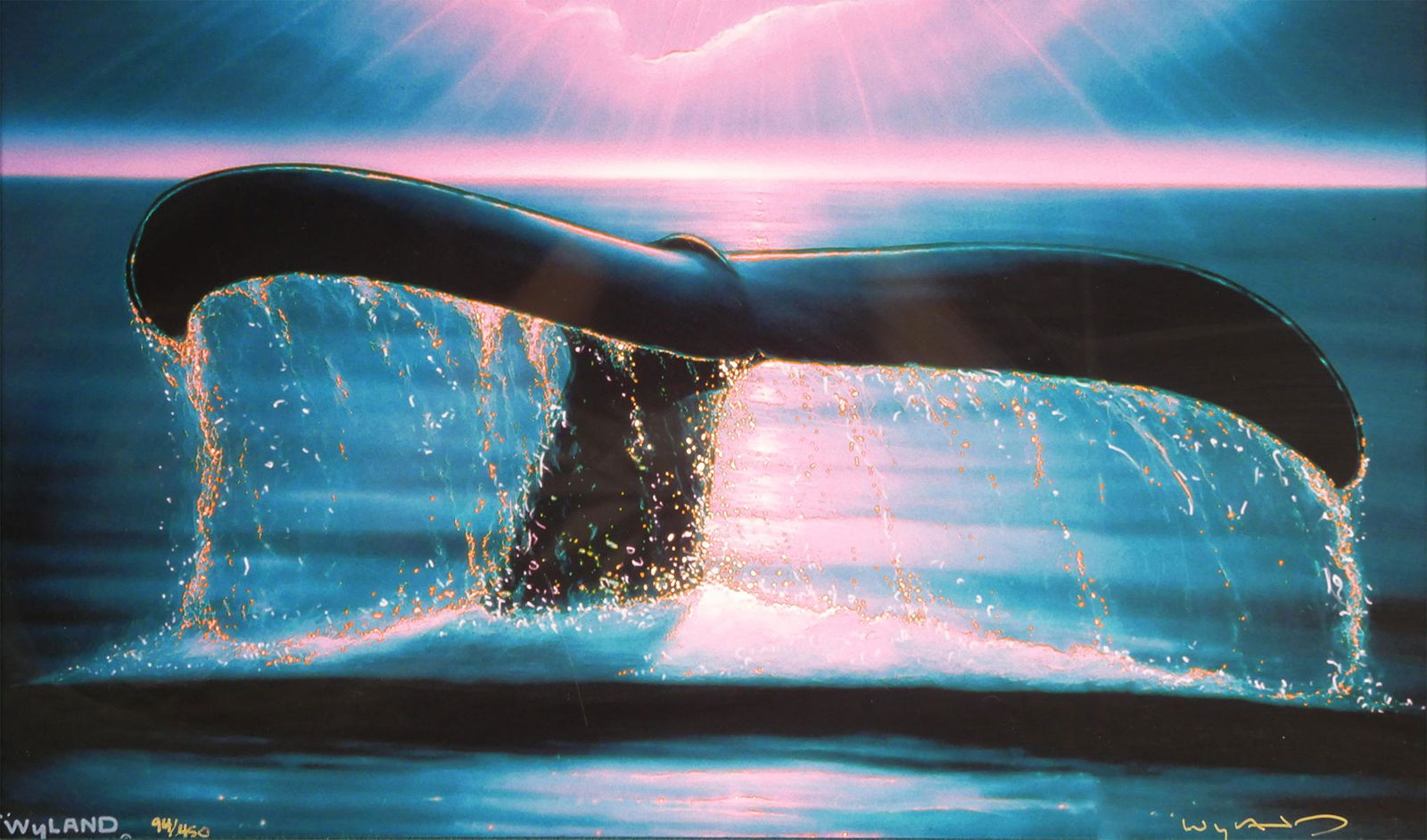 WYLAND, Whale Tail, Signed & Limited: Whale Tail print hand signed and limited (94/450) by Robert Wyland. Overall framed size is 20 1/2" x 28 1/2". Excellent condition.