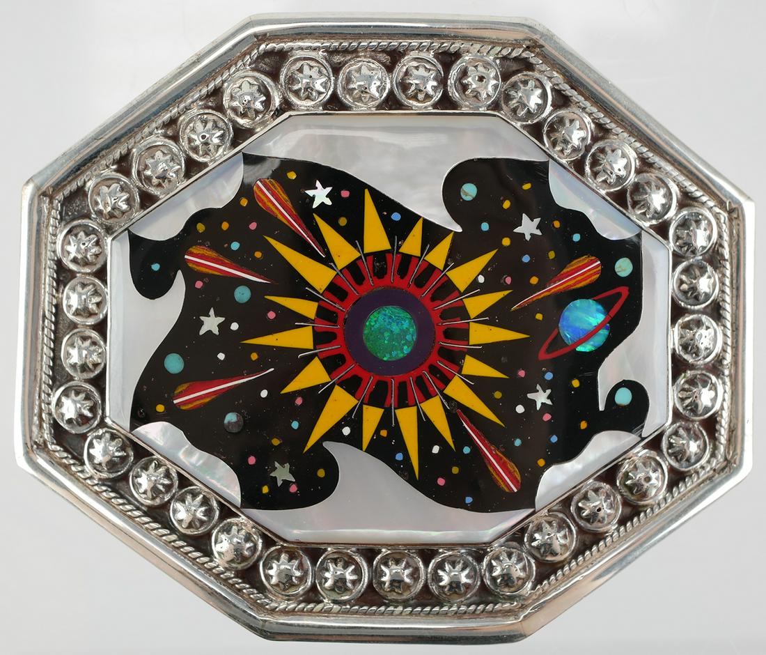 Sterling Turquoise Coral Onyx Inlay Belt Buckle: Native American style sterling silver belt buckle featuring a cosmos design with the sun in the center. Micro inlay stars and planets with onyx, coral, turquoise and MOP. Marked, Sterling Handcrafted,