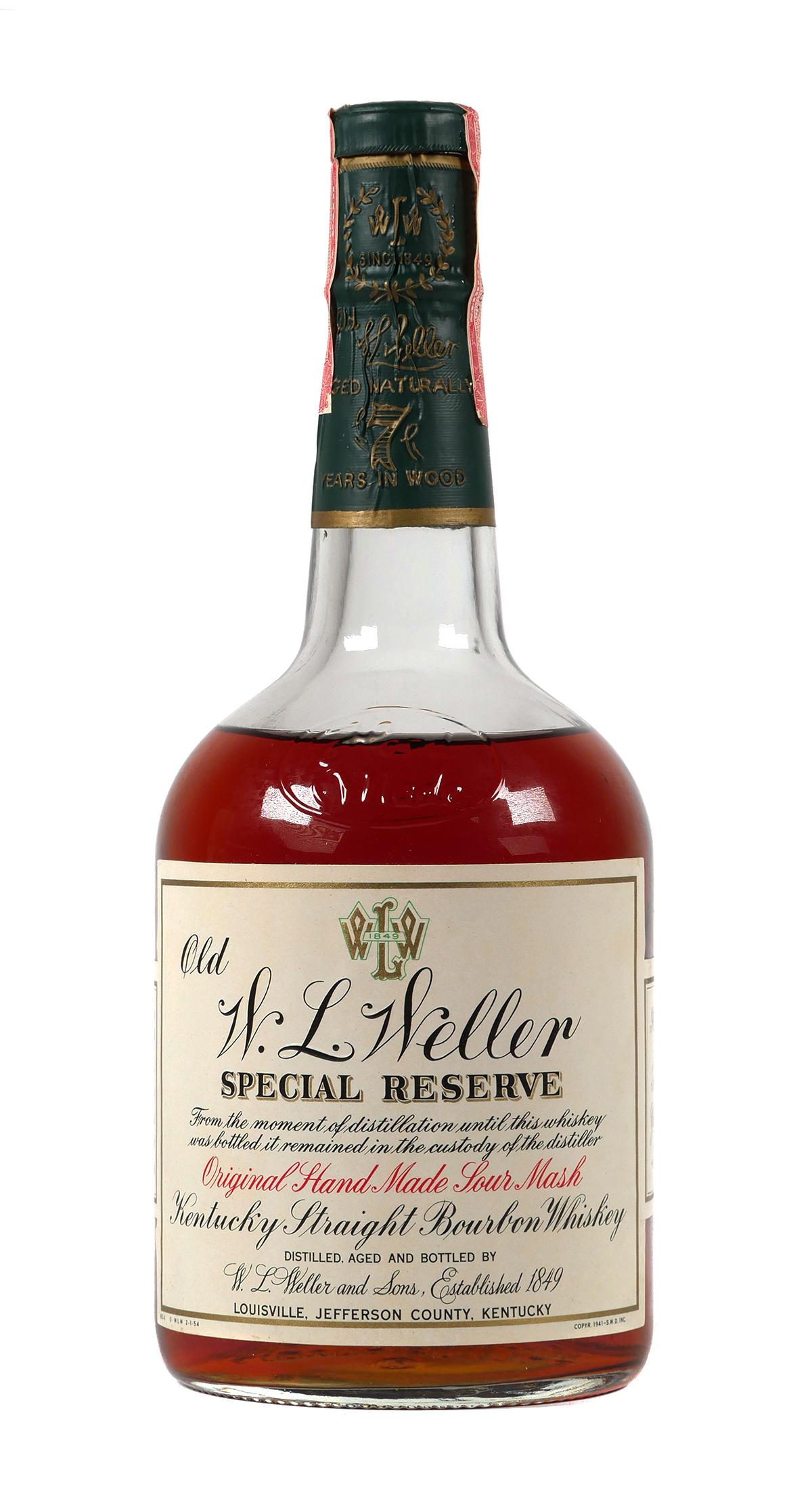 Old WL Weller Special Reserve Whisky Sealed: Collectible bottle labeled W.L. Weller special reserve Kentucky straight bourbon whiskey, 90 proof, 4/5 quart. Probably from the 70's, holiday tube box included, bottle is sealed with tax stamp intact