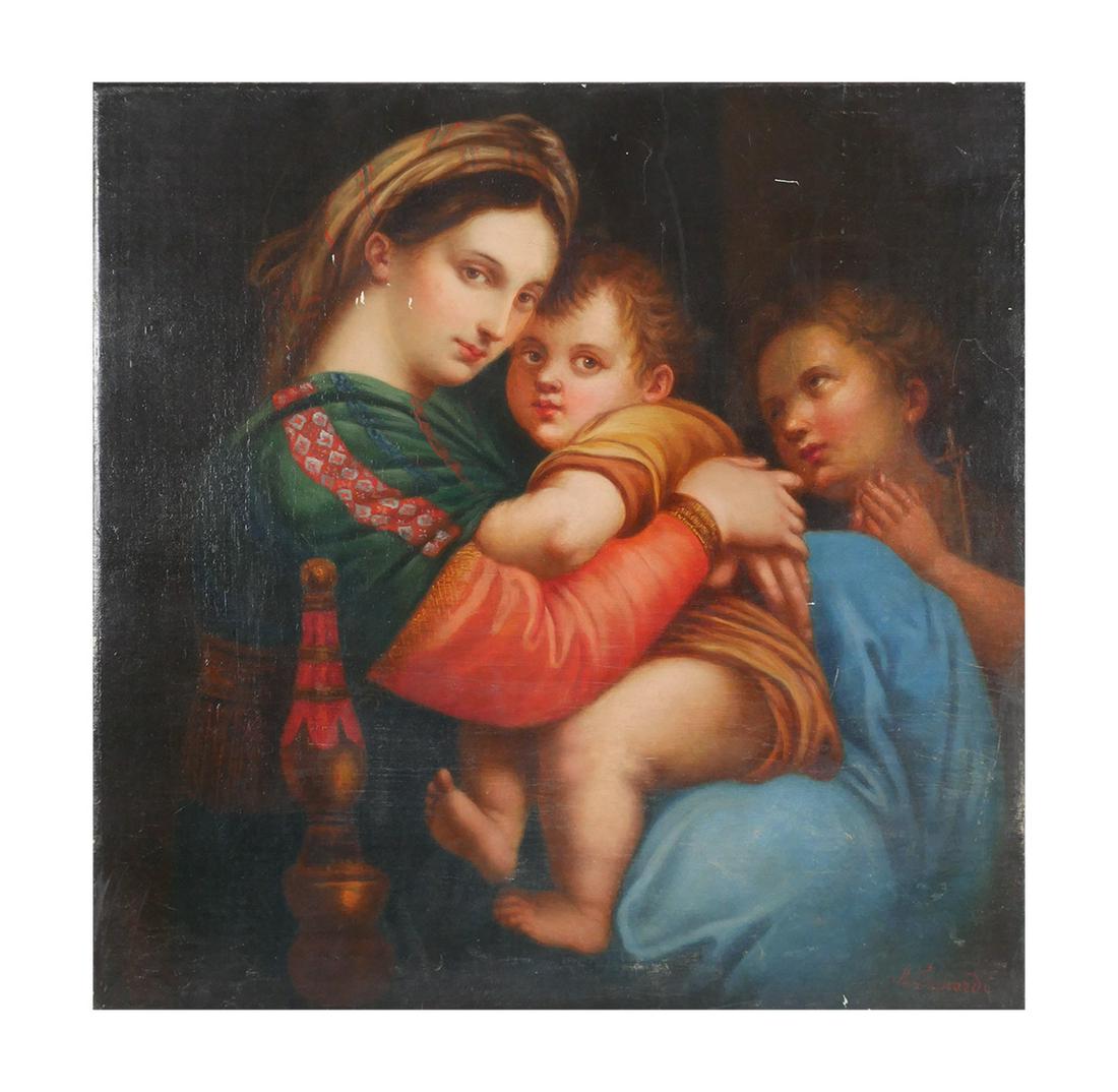 Achille Leonardi Madonna della Seggiola: Unframed oil on canvas painting by Achille Leonardi (Italian, 1800-1870) of Madonna della Seggiola (Madonna of the chair), copy of painting by Raphael, the work features Mary with the baby Jesus and S