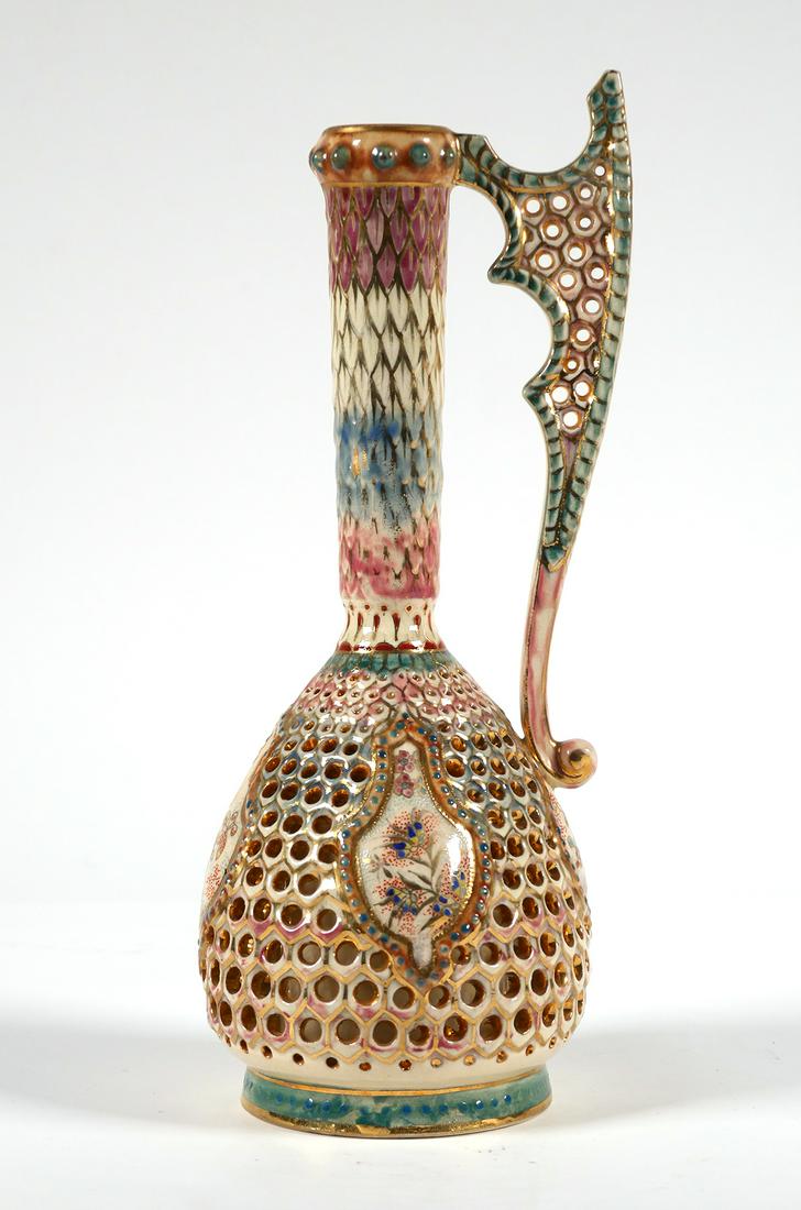 Fisher J Budapest Reticulated Pottery Ewer: Reticulated Fisher Budapest ewer. Hungarian, marked Fischer J. Budapest, 1417. Approx. 10 1/4" tall x 3 3/4" wide. no visible damage or repairs