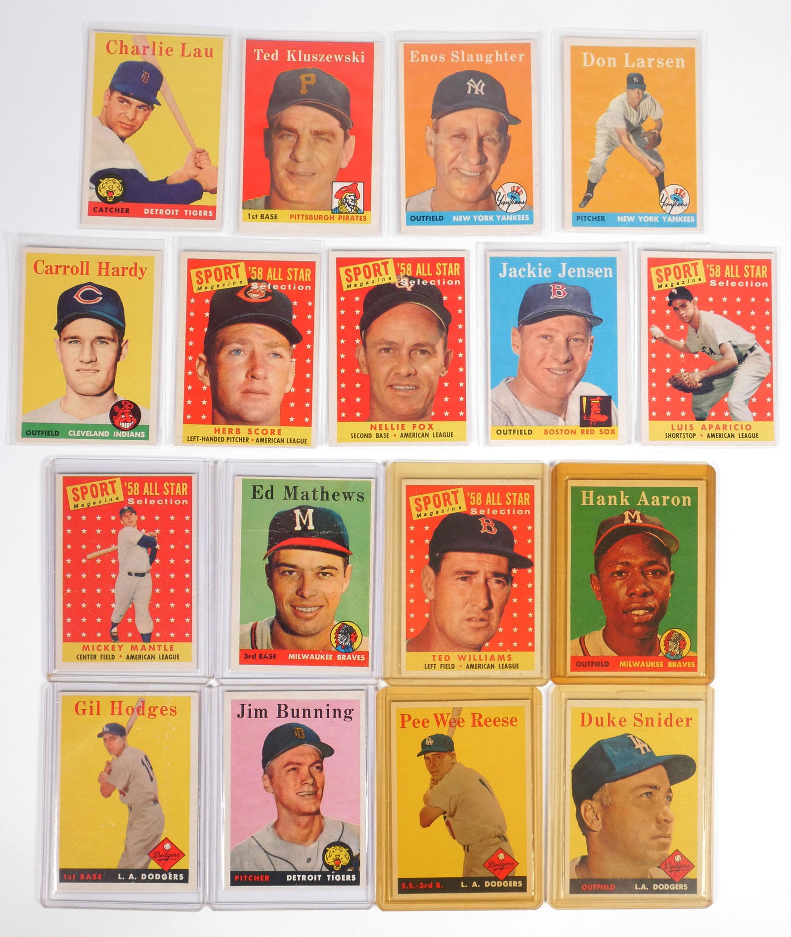(17) 1958 Topps Baseball Cards MICKEY MANTLE: Collection of seventeen Topps 1958 baseball cards including: Mickey Mantle, Hank Aaron, Ted Williams, Pee Wee Reese, Enos Slaughter and others. Please see our other auction lots for more vintage cards