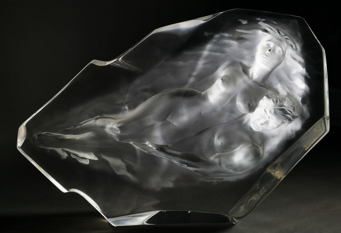 FREDERICK HART Nude Acrylic Sculpture: "Eye of the Flame" sculpture in lucite by artist Frederick Hart, depicting nude woman and man. Signed lower right. Minor surface scratch about 1/2" long not affecting figures, else fine. 24" wide, 16"
