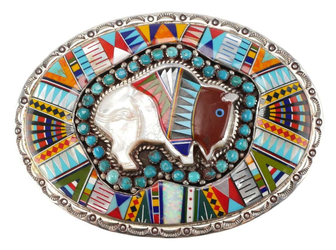 Sterling Turquoise Coral Onyx Buffalo Belt Buckle: Native American style sterling silver belt buckle featuring a buffalo or bison in the center surrounded with onyx, coral, turquoise and MOP micro inlay. Marked, Sterling Handcrafted, signed "G" with n
