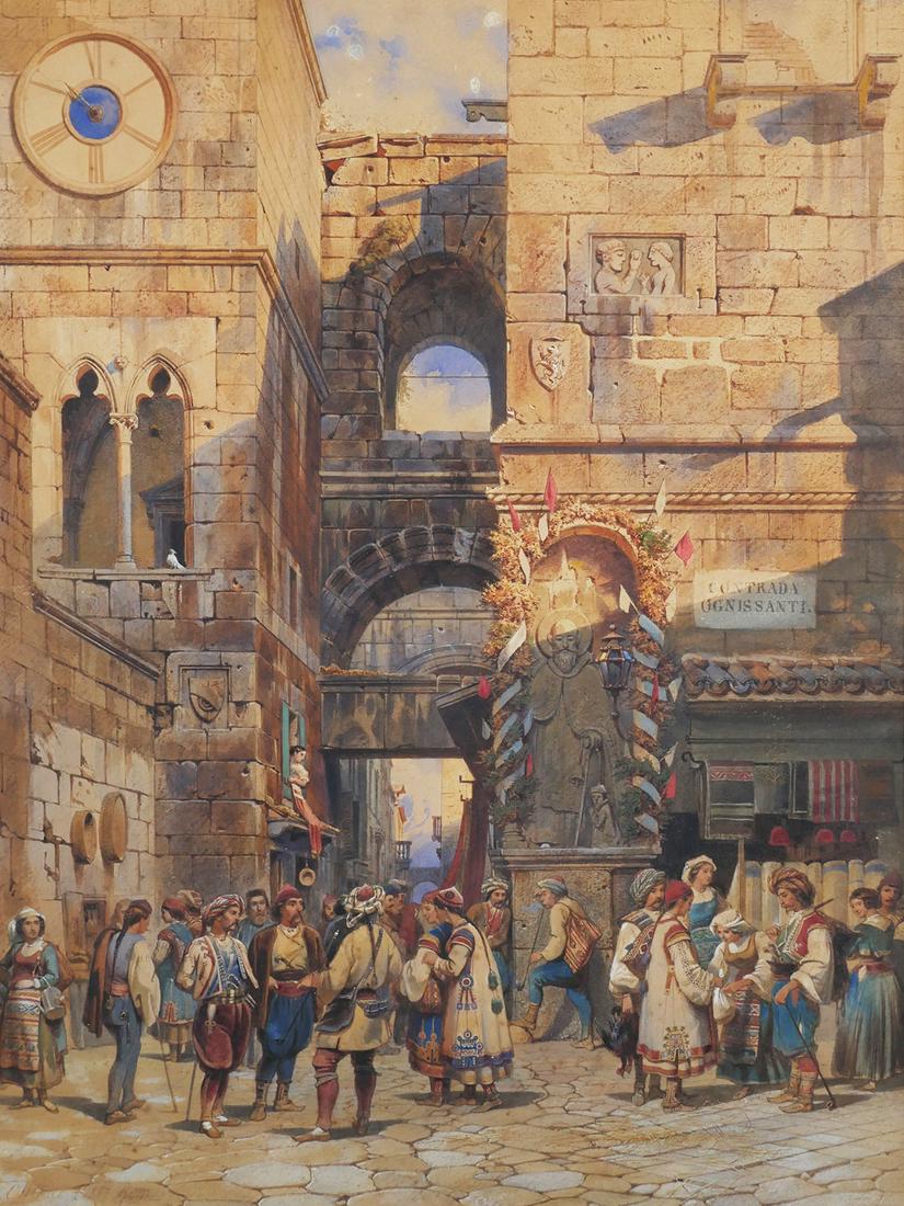 CARL WERNER, Watercolor, Rome Scene: Watercolor on paper by Carl Friedrich Heinrich Werner (German, 1808-1894) showing a scene of Rome, Italy. Titled "In the Contrada Ognissaanti, Rome, 1853." Signed at lower left and dated. Sight size i
