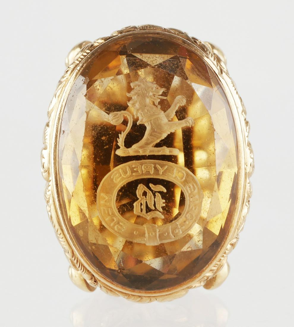 14K Gold Intaglio Seal Fob: 14K gold (tested) fob with Intaglio seal (smoky quartz or citrine) with images of a lion and "Deus Clypeus Meus" which translates into God is my shield, measures 1 1/2 x 1 x 3/4" total weight 11.9 gm.