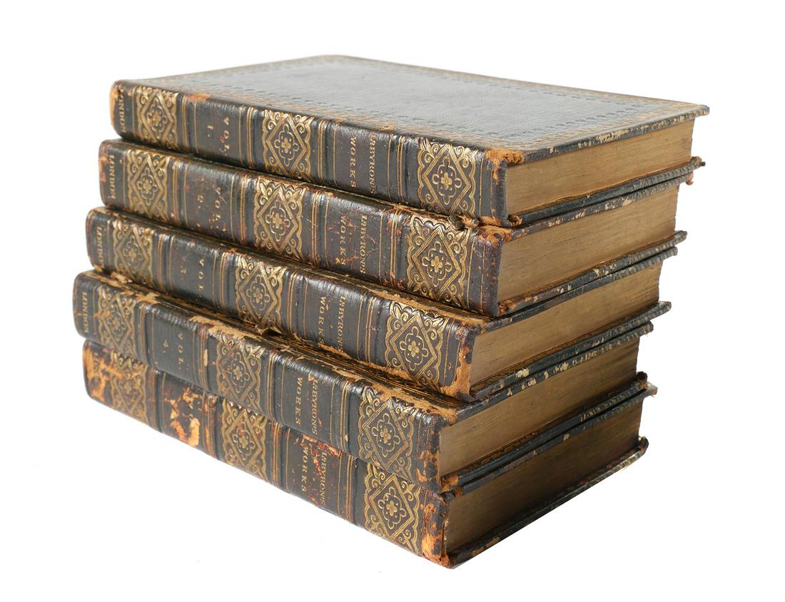 FORE-EDGE PAINTINGS—5 Vol—Works of Byron: Five volume set of The Works of Byron, each beautifully fore-edge painted. Published by John Murray, London, 1823. Custom slip case marked "Fore Edge Paintings." Each measure 6 1/2" tall. Part of a co