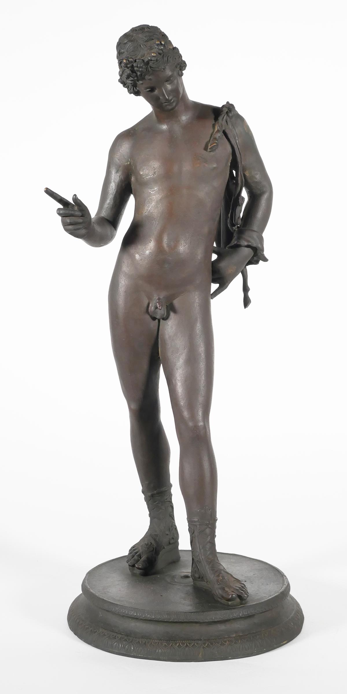 Antique Figural Metal Lamp Base Nude Man: Measures about 25" high.