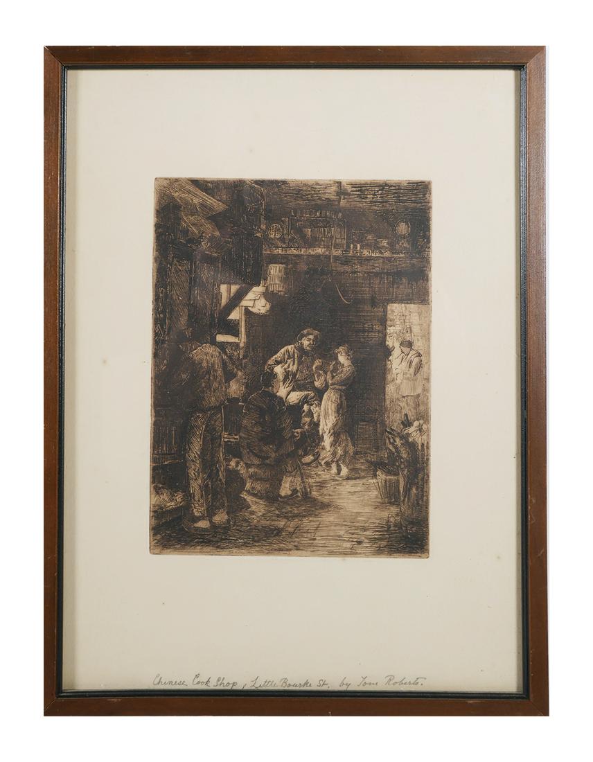 TOM ROBERTS, Etching: Etching by Tom Roberts titled Chinese Cook Shop, Little Bourne St signed in the lower margin. Overall framed size is 14 1/2 x 11 Excellent condition.