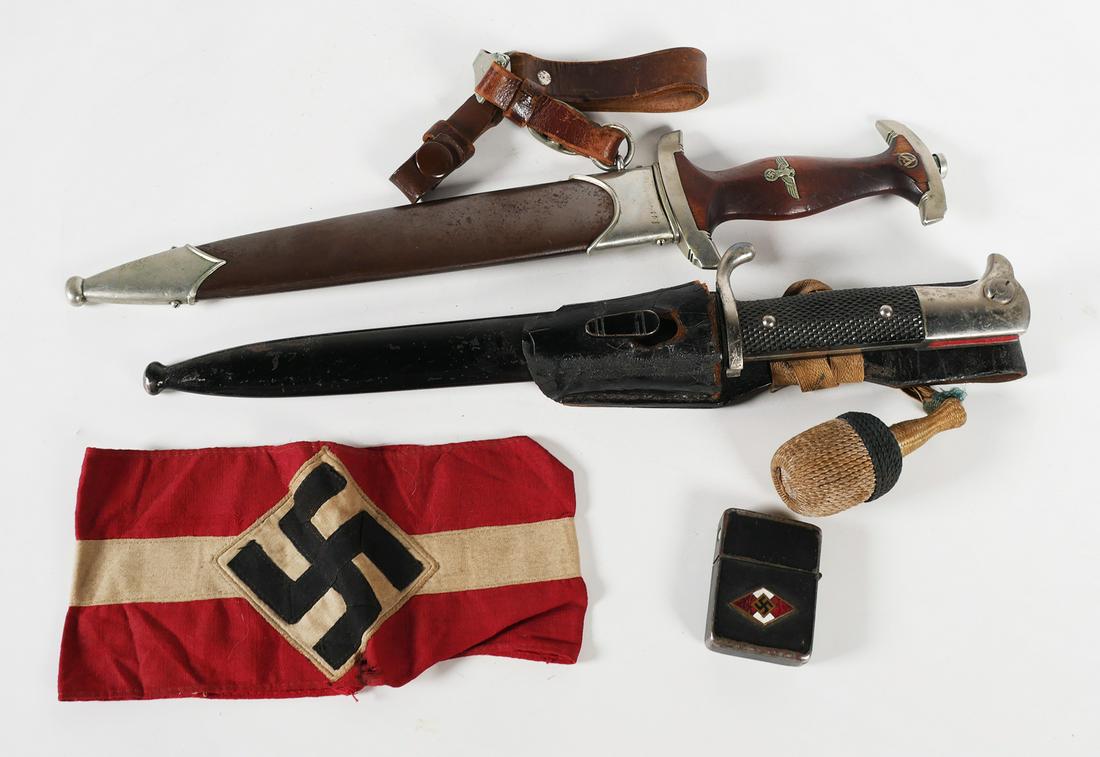 WWII German SA Dagger, Bayonet, Nazi Lighter: Lot of captured WWII German pieces, including a Solingen SA dagger, a bayonet, an arm band and a lighter mounted with what appear to be the ornaments from a Hitler Youth knife. SA dagger has a couple