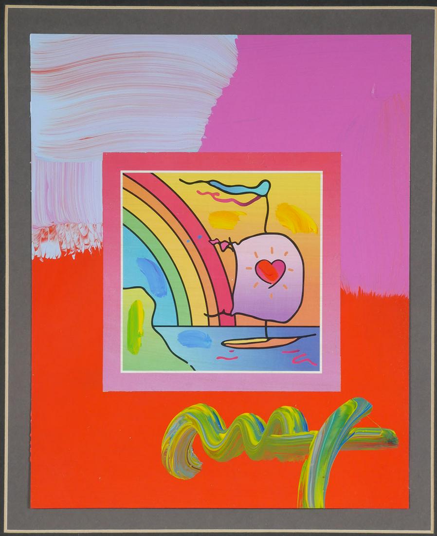 PETER MAX Original Painting: Original Peter Max acrylic painting, titled "Sailboat with Heart." Measures 10" x 8" in 33" x 29" frame. This item will need to be shipped by a packing company of your choice. We maintain a list of re