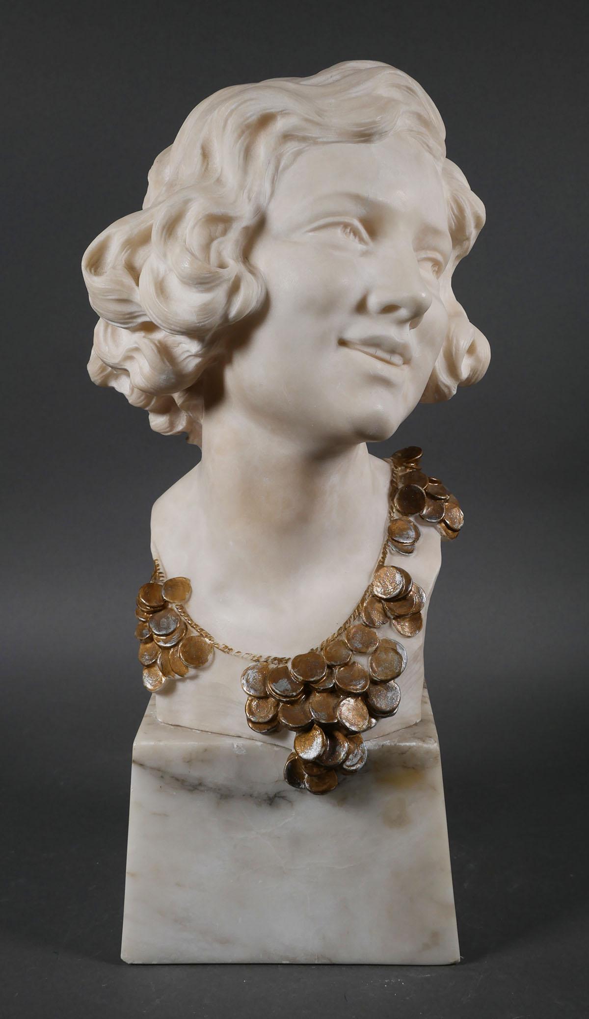 Marble Portrait Bust: Carved marble portrait of female with coin necklace, early 20th century, Art Deco design, coins repainted at a later date, overall measurement 18 1/2 x 8 1/2 x 9 inches. This item will need to be ship