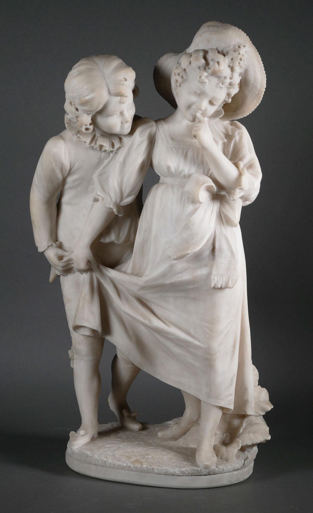 French Sculpture of Two Young Children: Detailed alabaster carving of two young children, overall measurements 23 1/2 x 12 x 8 inches. This item will need to be shipped by a packing company of your choice. We maintain a list of reliable shi