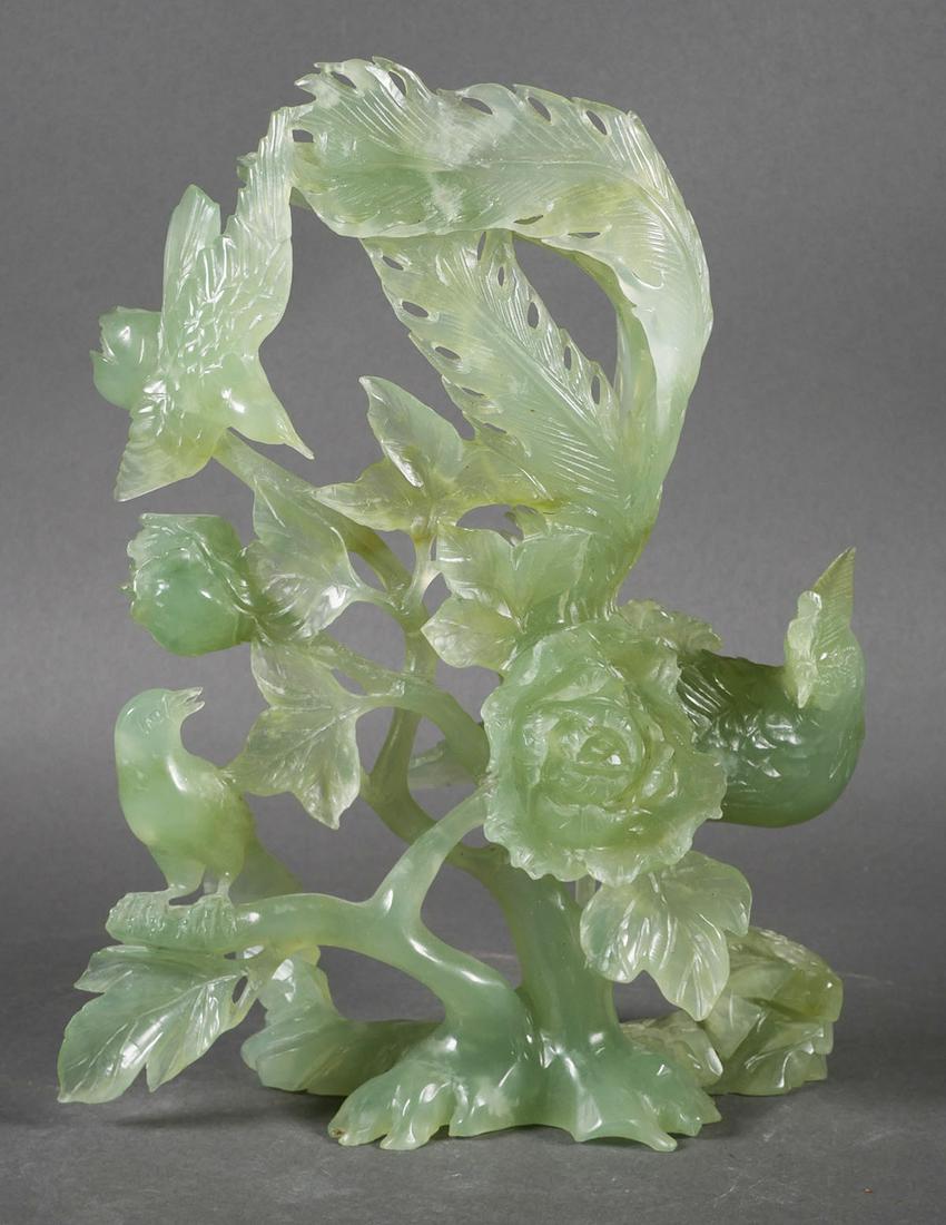 Large Chinese Jade Carving of Phoenix: 11-1/2" high carving of bird, possibly a phoenix or a pheasant. Very hard to scratch and cold to touch, jade or other hardstone. This item will need to be shipped by a packing company of your choice. 