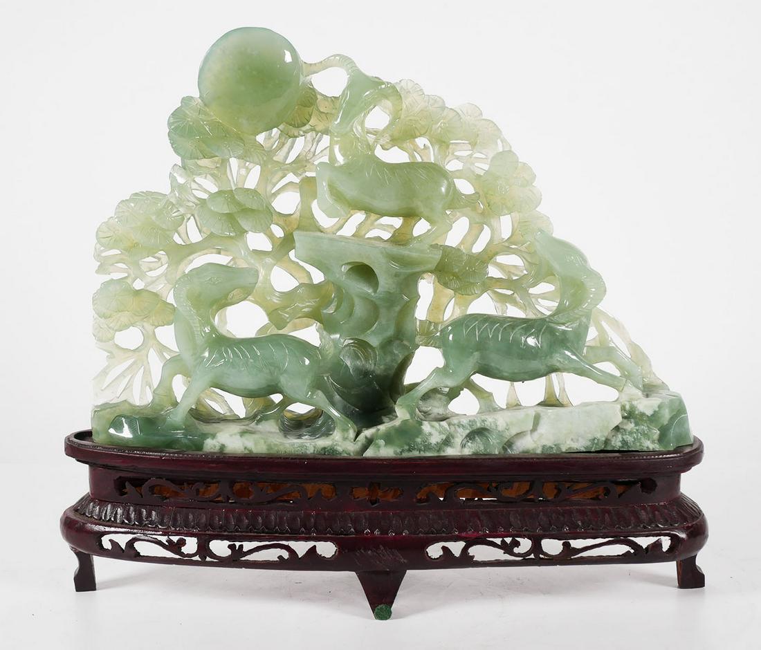Large Chinese Jade Carving of Three Deer: Vintage carved figural group with three deer or goats. Serpentine or jade. Measures about 13" high and 15" wide on plinth. This item will need to be shipped by a packing company of your choice. We mai
