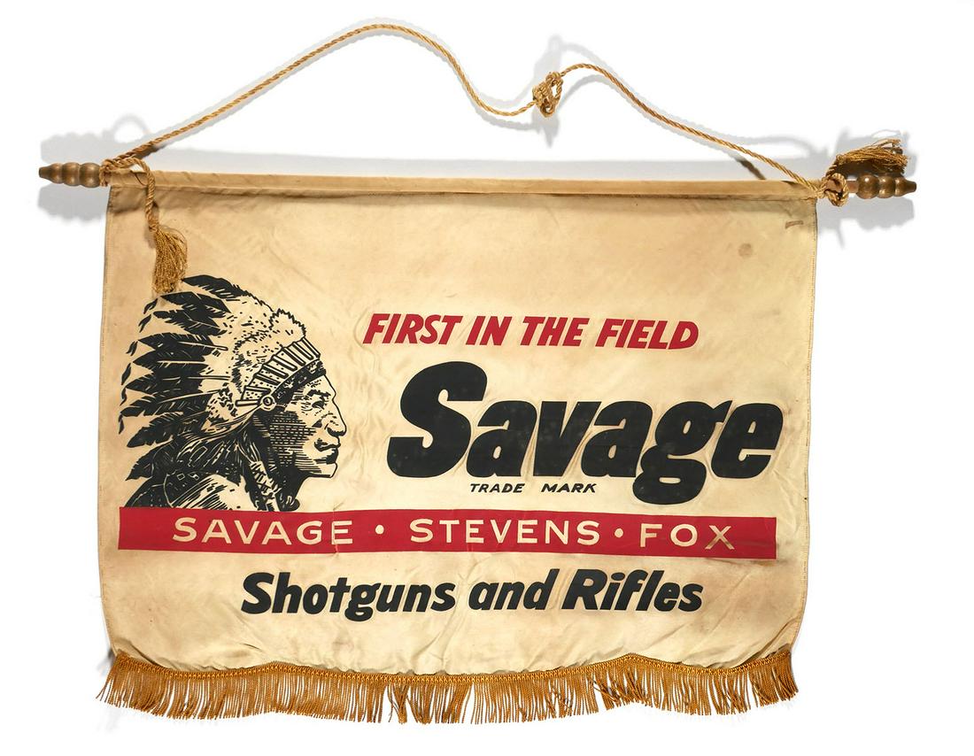 Vintage SAVAGE Firearms Advertising Banner: Scarce circa 1940s Savage - Stevens - Fox Shotguns and Rifles fringed banner. Measures 28-1/2" wide. This item can be shipped in-house.