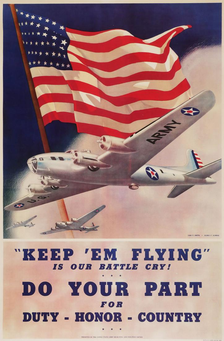 TOM WOODBURN, US Army Air Corps Poster, WWII: Lt. Colonel Tom Woodburn WWII US Army Air Corps Poster. Circa 1940s. "Keep 'Em Flying" with American flag and planes. Measures 38" x 25 1/4". This item can be shipped in-house.