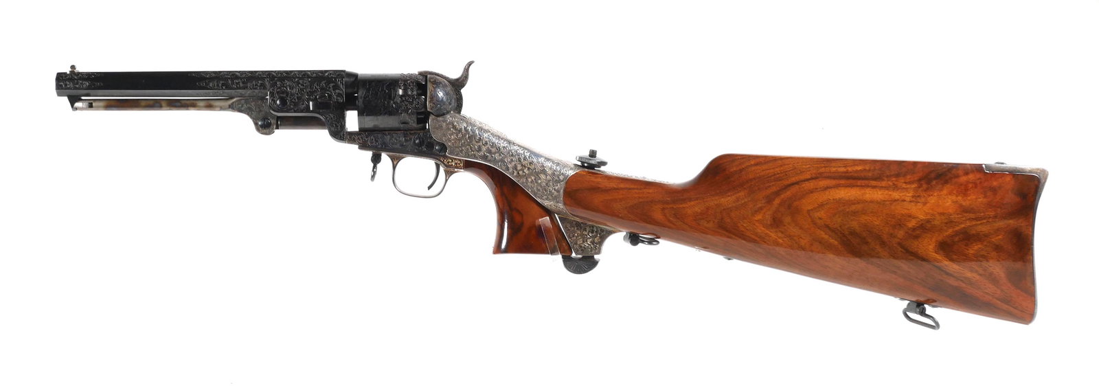 COLT 1851 Jefferson Davis Presentation Pistol: American Historical Foundation 1851 Navy Colt single-action .36 caliber revolver, an Uberti-made replica of the pistol presented to Jefferson Davis by Col. Colt, complete with exceptional engraving on
