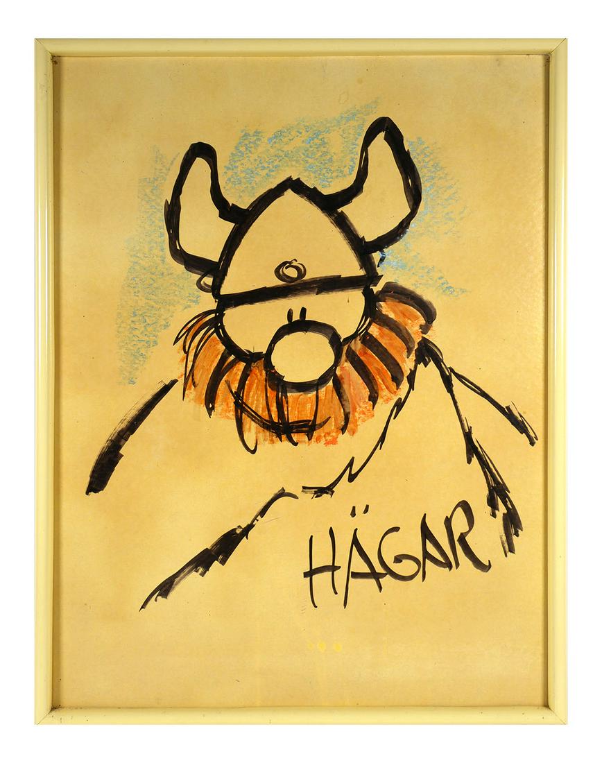 DIK BROWNE Hagar the Horrible Original Sketch: Original drawing of Hagar the Horrible by the comic strip character's creator, Dik Browne (American, 1917-1989). Obtained at a Sarasota, Fla., charity event to which this piece was donated by Browne.