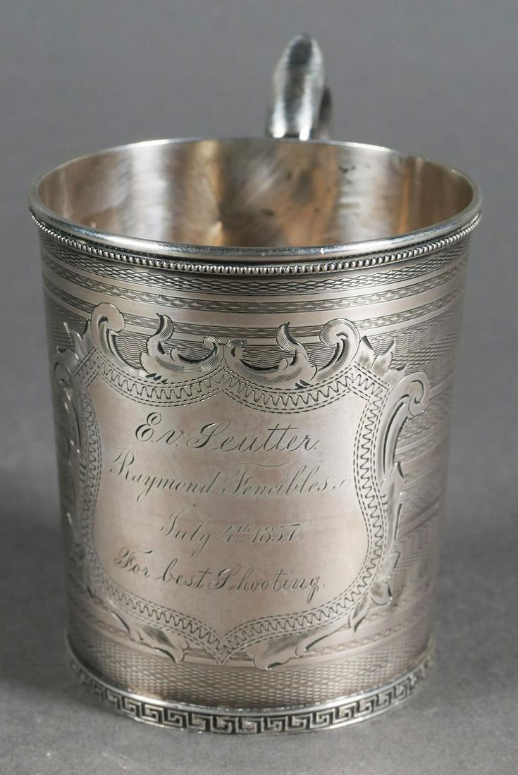 SOUTHERN COIN Silver Cup, Mississippi Civil War: Historic coin silver cup, engraved "E.V. Seutter, Raymond Fencibles, July 4, 1857, For best Shooting." Elisaeus von Seutter was a notable Mississippi photographer and member of the militia group, the 