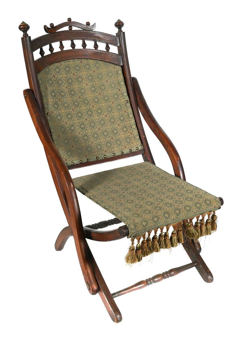 1860s CIVIL WAR Camp Chair, EW Vail: Folding Civil War era camp chair with remnant of E.W. Vail label. (Vail made these chairs in the early 1860s out of Worcester, Massachusetts.) Measures about 17-1/2" wide and 31-1/2" high to top with