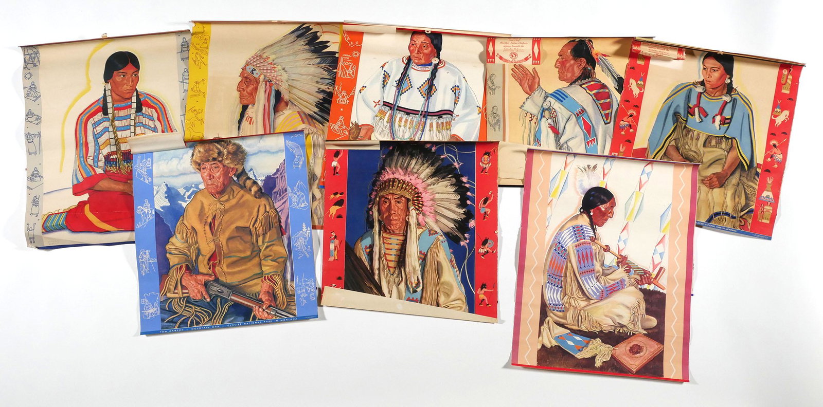 WINOLD REISS, Group of Railroad Posters: Group of 8 mid-20th Century Great Northern Railway Empire Builder calendars featuring portraits of Native Americans by Winold Reiss. This item will need to be shipped by a packing company of your choi