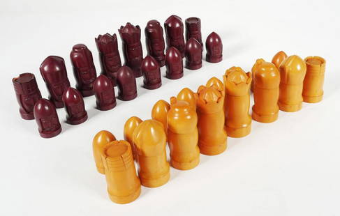 Vintage Bakelite Chess Set, Ganine: Vintage chess set, all hand-carved (each piece is slightly different from others of the same rank). Certain in the manner of Peter Ganine, if not by the designer himself. Kings measure about 2-3/4" hi