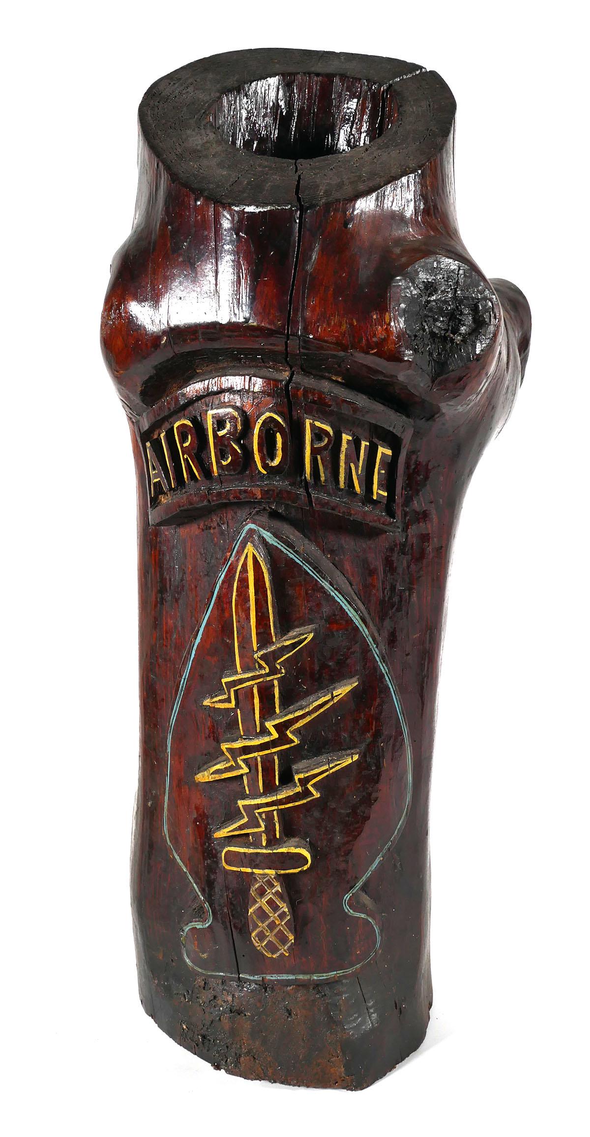 General Yarborough, GREEN BERET Estate Item: Carved log sculpture, measuring 28" high, made for General William Yarborough. Includes photograph of General Yarborough standing next to it in his driveway. One side depicts, in high relief, the Airb