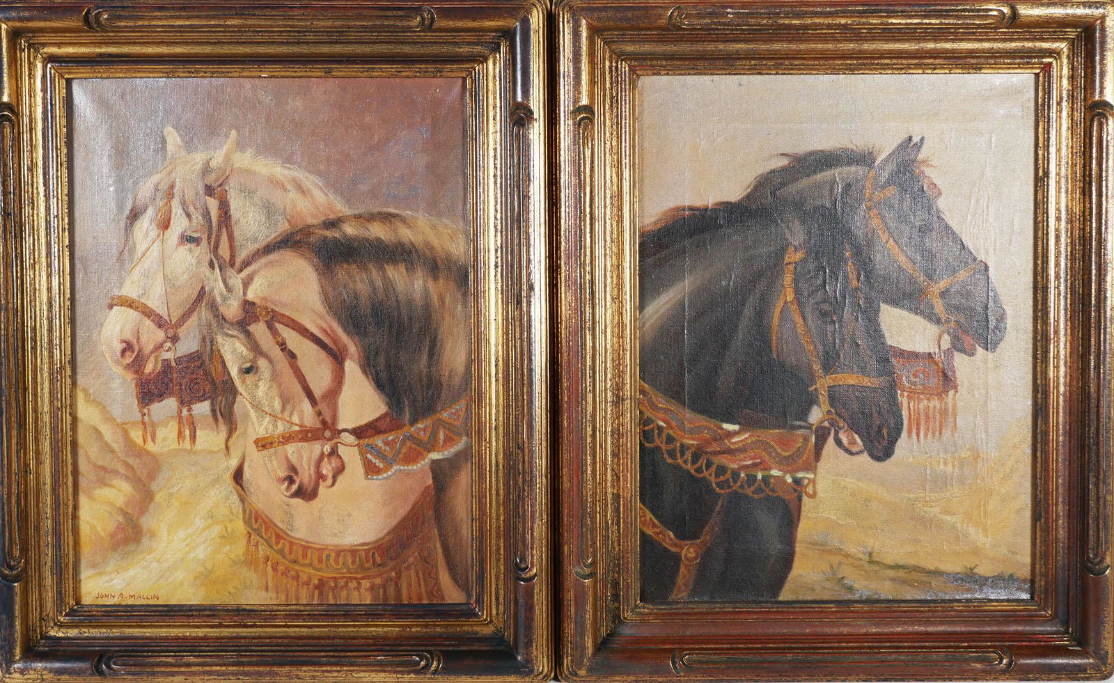 Two O/C Paintings of Circus Horses, 1930s: Two oil on canvas paintings of circus horses by John A. Mallin (Czech/American, 1884-1973), an artist noted especially for his mural work on more than 100 churches throughout the Midwestern U.S. A fri