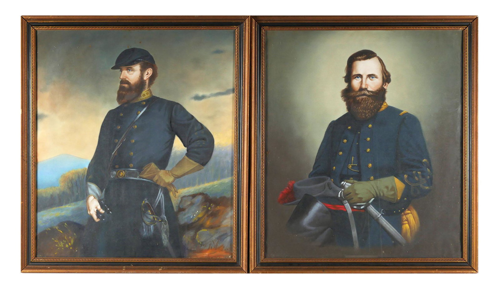 (2) Chromolithographs, Confederate Generals, 1900: Two Antique c. 1900 Chromolithographs on fabric. Thomas "Stonewall" Jackson after the original by John Adams "Jack" Elder (1833-1895) and James Ewell Brown "Jeb" Stuart. Colors still bright. Elder is 