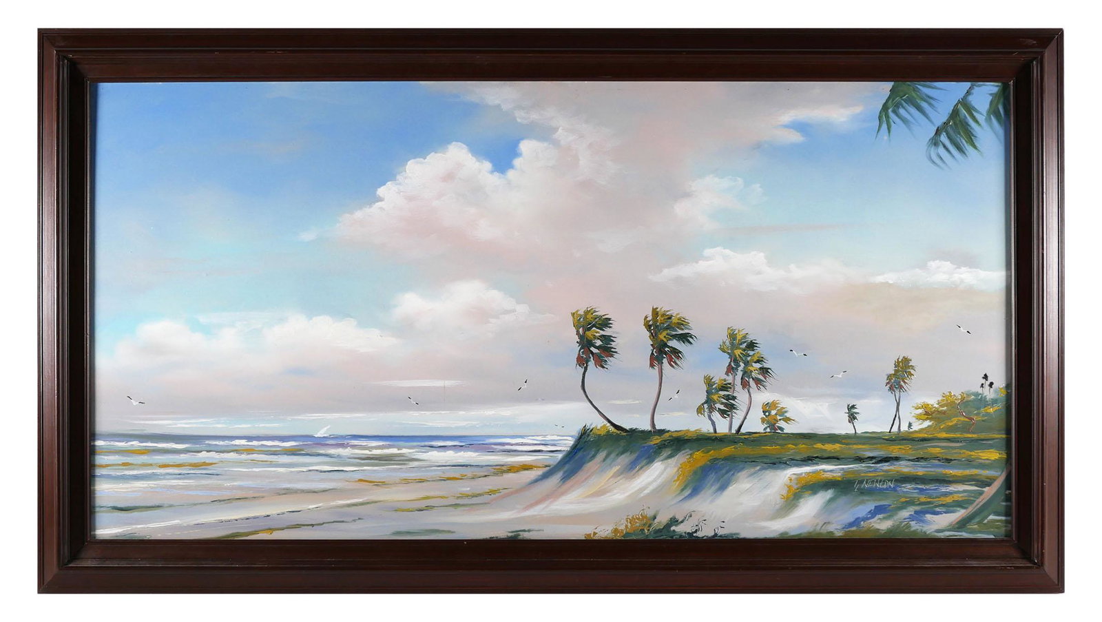 TRACY NEWTON, Painting 2nd Gen Highwaymen: Large oil on board painting of a windy Florida beach by Tracy Newton (American, b. 1975), son of Highwayman co-founder Sam Newton. Signed "T. Newton" lower right. Measures 24" x 48" in 29-1/4" x 53-1/