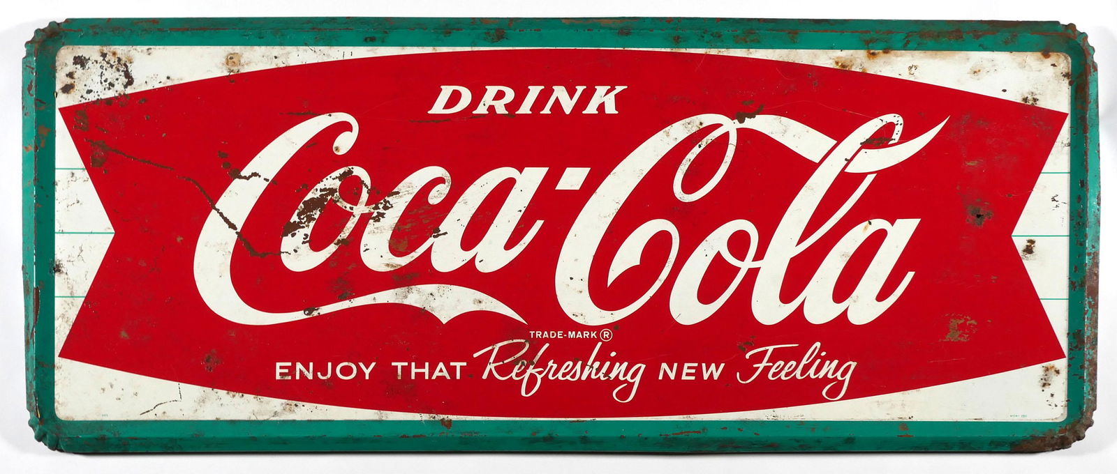 Vintage 56" Coca Cola Metal Sign: Circa 1950s-60s Coke sign. Measures about 56" wide. This item will need to be shipped by a packing company of your choice. We maintain a list of reliable shippers, or you may choose your own.