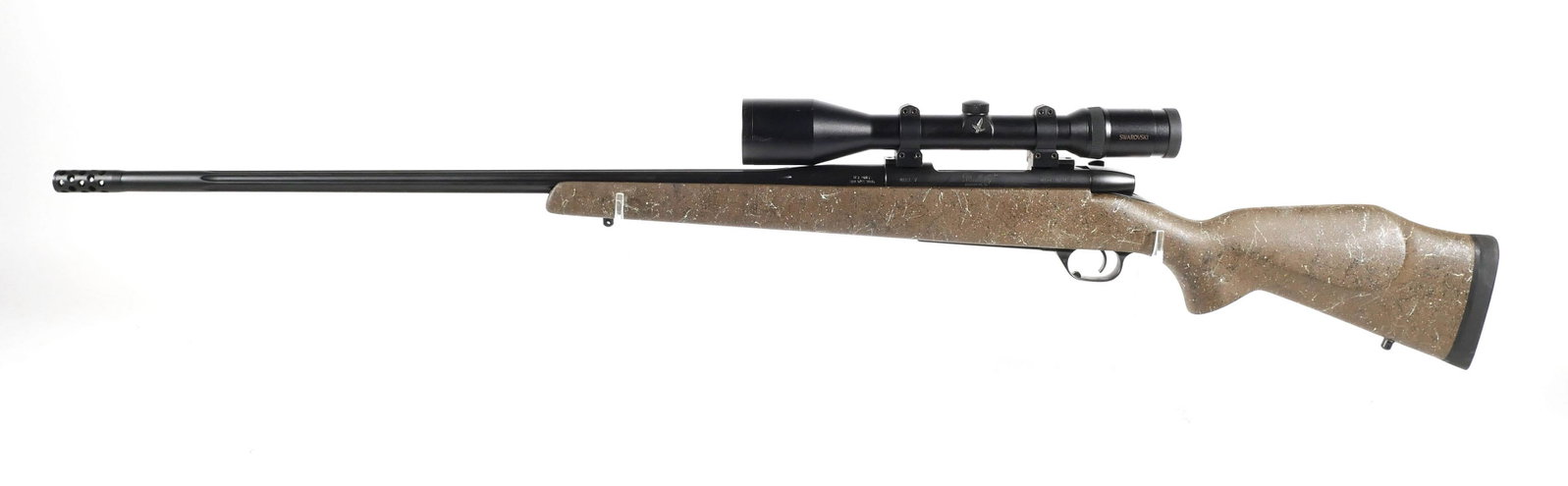 Firearm: WEATHERBY .300 WBY w SWAROVSKI Scope: Weatherby Mark 5 bolt action rifle in .300 WBY Magnum. Swarovski 3-12x50. Habicht riflescope included. Barrel measures approx. 28 3/4" including Accubrake. Synthetic stock. See photos for more details