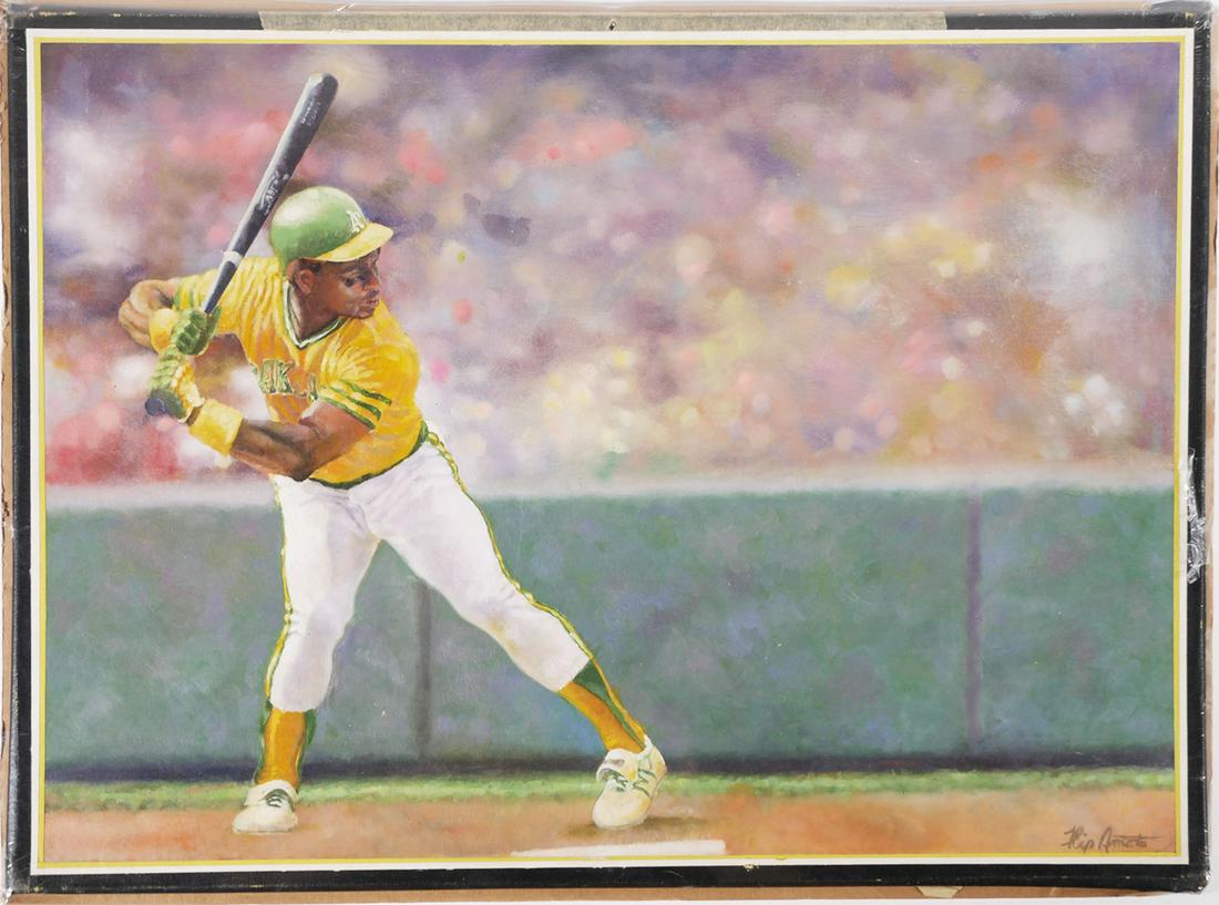 RICKEY HENDERSON PAINTING, FLIP AMATO: Original painting of Rickey Henderson of the Oakland Athletics by noted sports illustrator, Flip Amato. The painting is signed by the artist. Artwork measures 21" x 15-5/8". This item will need to be