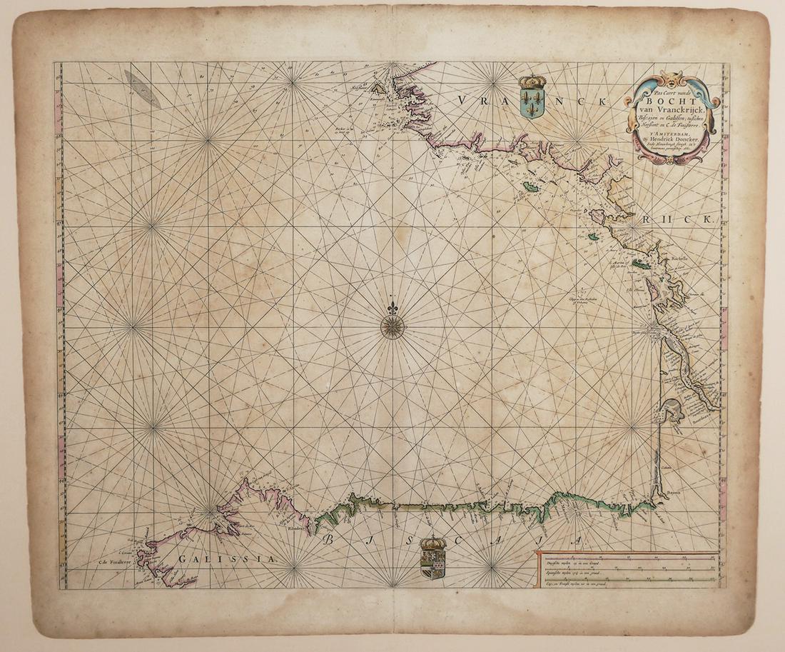 1660 MAP, DONCKER, SPAIN & FRANCE: Amsterdam, 1660. Hand colored engraving map. Sheet measures 19 1/2" x 23 1/2". Van Loon's chart of Biscayne Bay, from Galicia and Biscaya to the southern French Coastline. Striking sea chart, embellis