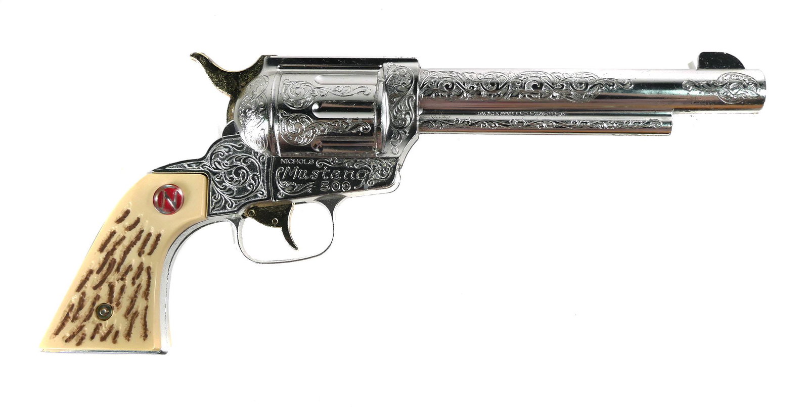 NICHOLS Mustang 500 Repeating Cap Toy Pistol: Vintage Nichols Mustang 500 cowboy repeating cap pistol with original toy gun box. Overall length approx. 12". This item can be shipped in-house.