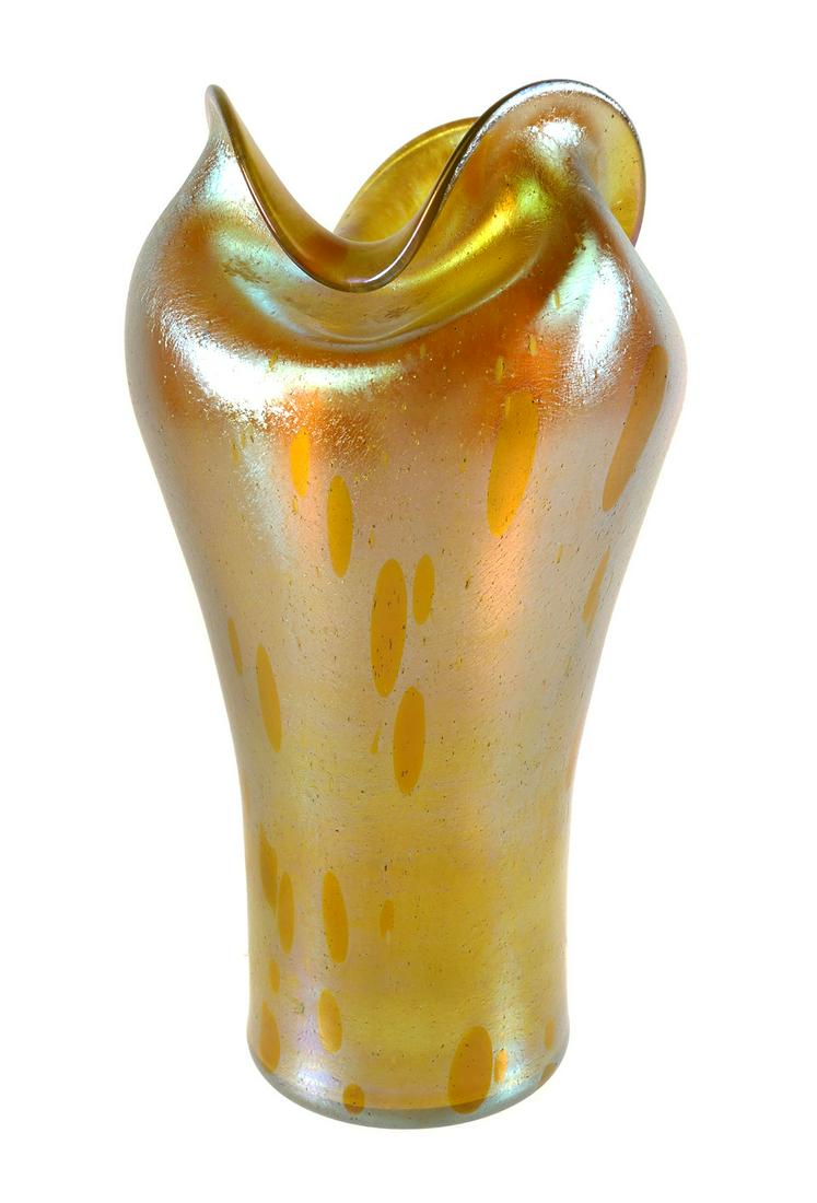 Antique Art Nouveau LOETZ Art Glass Vase: Large candia papillon vase with folded lip design, iridescent gold surface, measures 10-3/4 inches high. This item will need to be shipped by a packing company of your choice. We maintain a list of re