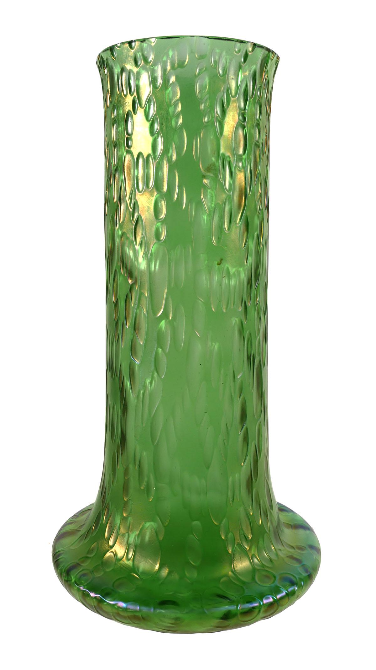 Antique Green LOETZ Diaspora Art Glass Vase: Tall Green Vase with textured surface of elongated oval shapes depressed into the surface, no markings, measures 11-3/4 high. This item will need to be shipped by a packing company of your choice. We