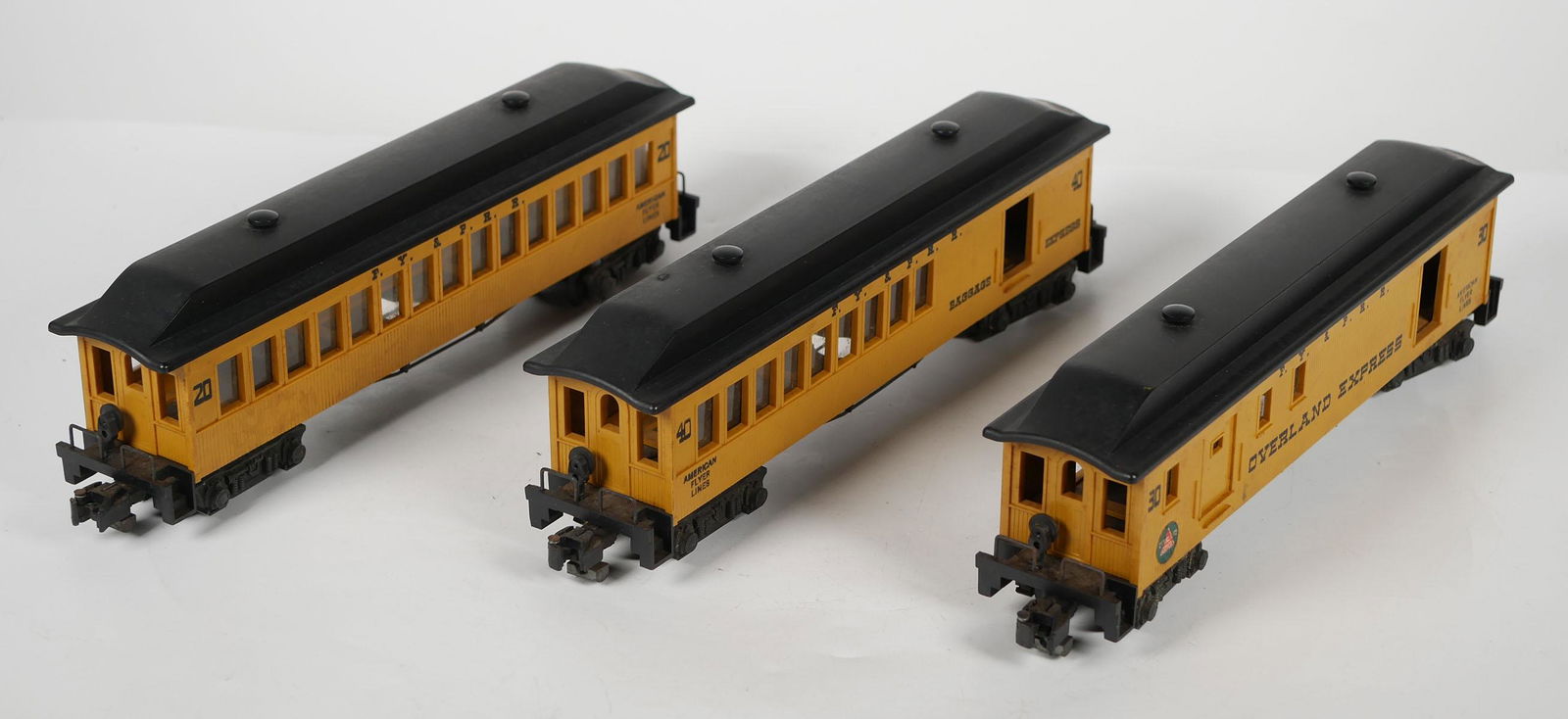 American Flyer Passenger Cars 20, 30, 40: Three American Flyer passenger cars including 20 FY&PRR, 30 Overland Express, 40 Baggage Express. Please see our other lots for antique, vintage and prewar Lionel, Lionel Lines, American Flyer, Marx,