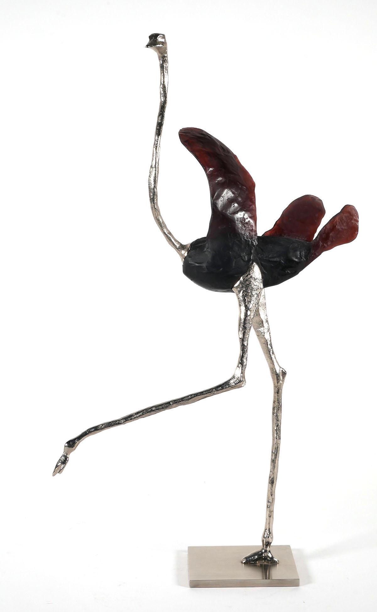 Daum pate de verre Ostrich Sculpture: A Daum pate de verre glass La Miss Noire model of an ostrich designed by Sylvie Manguad Lasseigne, etched on bottom of glass SML Daum France 086/375, measures 22 1/4 inches tall. This item will need t