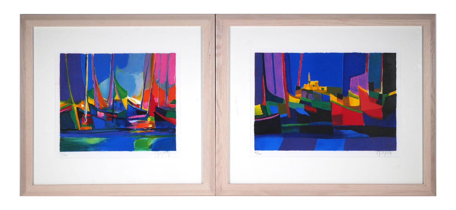 (2) MARCEL MOULY Sailboat Lithographs, Signed: Pair of modernist style sailboat lithographs by Marcel Mouly (French, 1918-2008). Each signed and limited (91/300 & 31/300) in pencil in the lower margin. Overall framed size of each is 23" x 27". Thi