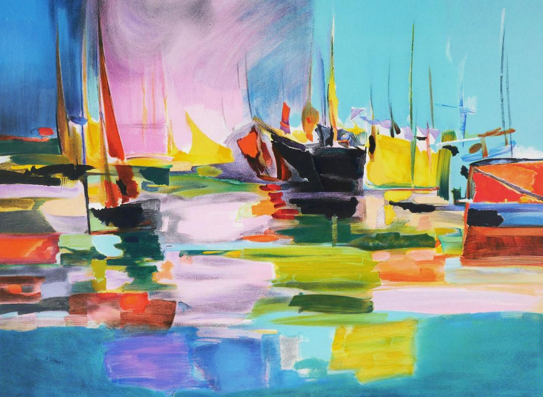 MARCEL MOULY Sailboat Lithograph, Signed, Large: Large modernist style sailboat lithograph by Marcel Mouly (French, 1918-2008). Signed and limited (112/300) in pencil in the lower margin. Overall framed size of each is 30" x 35". This item will need