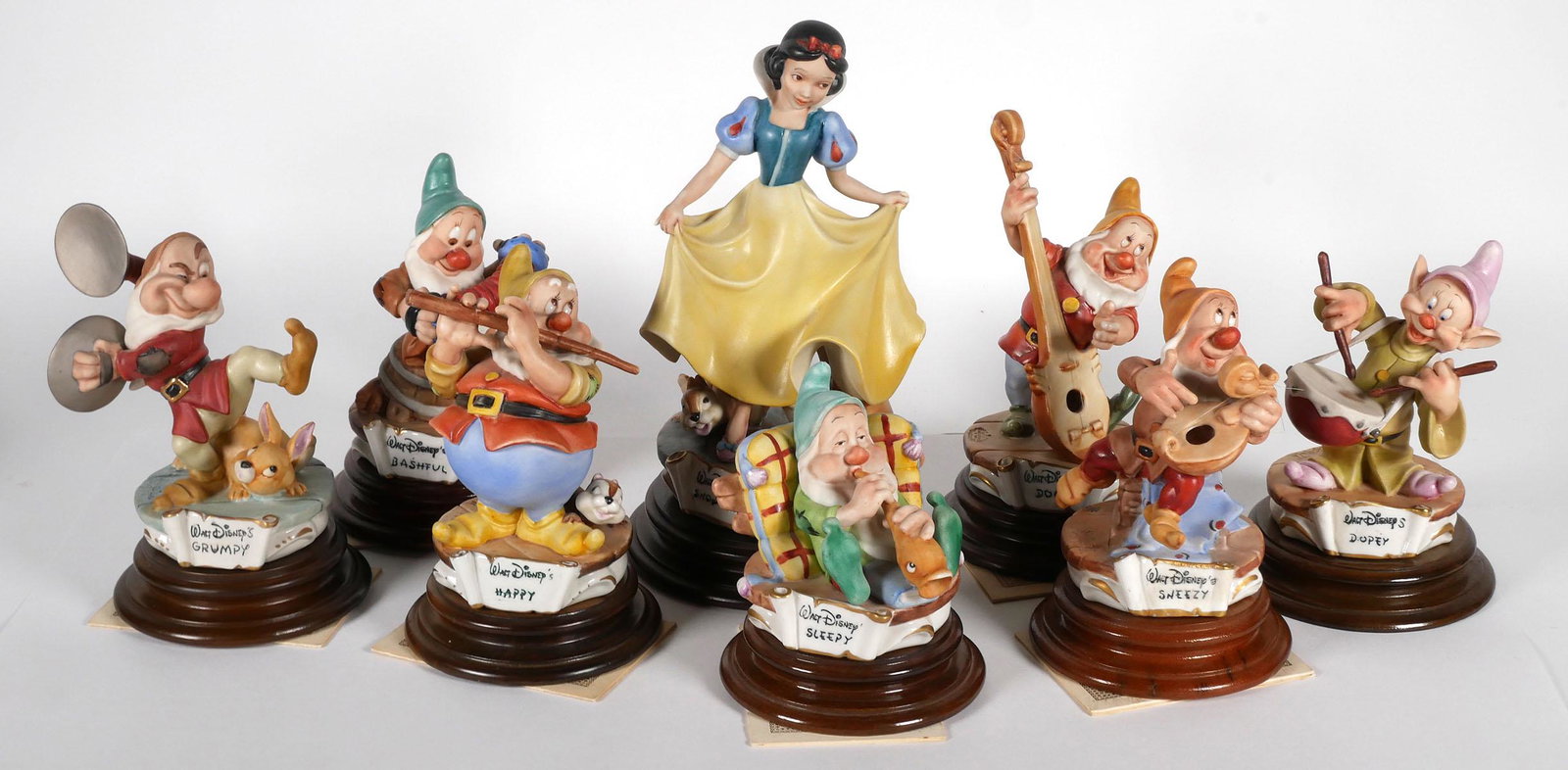 Snow White & the Seven Dwarfs Capodimonte Set: Capodimonte (8) piece porcelain figurine set of Walt Disney's "Snow White and the Seven Dwarfs". Artist: Enzo Arzenton. Produced for the Laurenz Collection, made in Italy. Limited edition. Snow White 