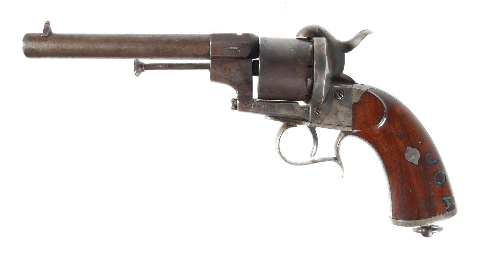 Antique M1854 French Lefaucheux Pinfire Revolver: French Model 1854 E. Lefaucheux single action revolver, 12mm. Barrel measures approx. 6 1/4". Belgian proof mark on cylinder. The serial number 32222 is within the range of numbers of the revolvers im