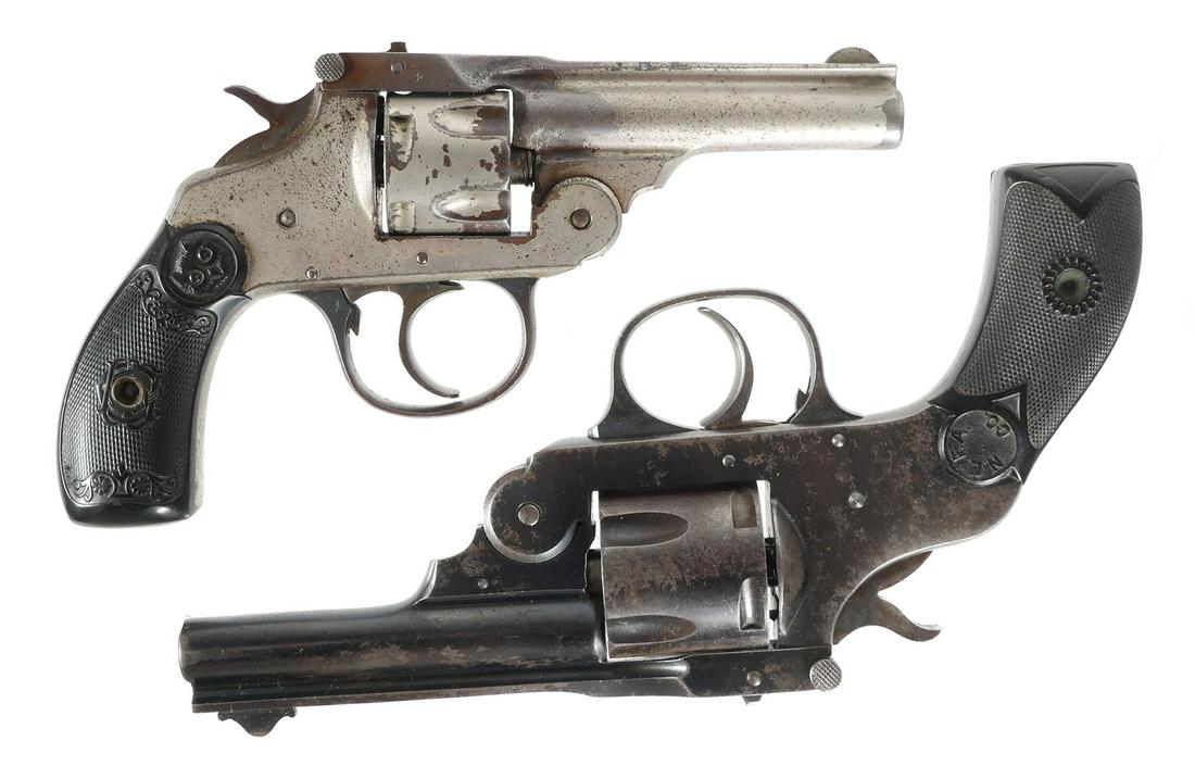 (2) Top Break Revolvers Iver Johnson Howard Arms: Two top break revolvers. 1) Post 1898, Howard Arms Co., 3 1/4" barrel, (FFL or C&R required). 2) Iver Johnson's Arms & Cycle Works, 3" barrel. This item can be shipped in-house.