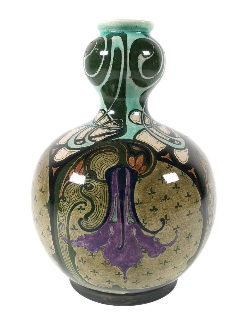 Art Nouveau Ceramic Wed. N.S.A. Brantjes Vase: Antique c. 1900 double gourd Faience vase by Weduwe N.S.A. Brantjes & Co., Faience de Pumerende Hollande art pottery vase made in Holland. Art Nouveau design, in the style of Eugene Grasset, depicting
