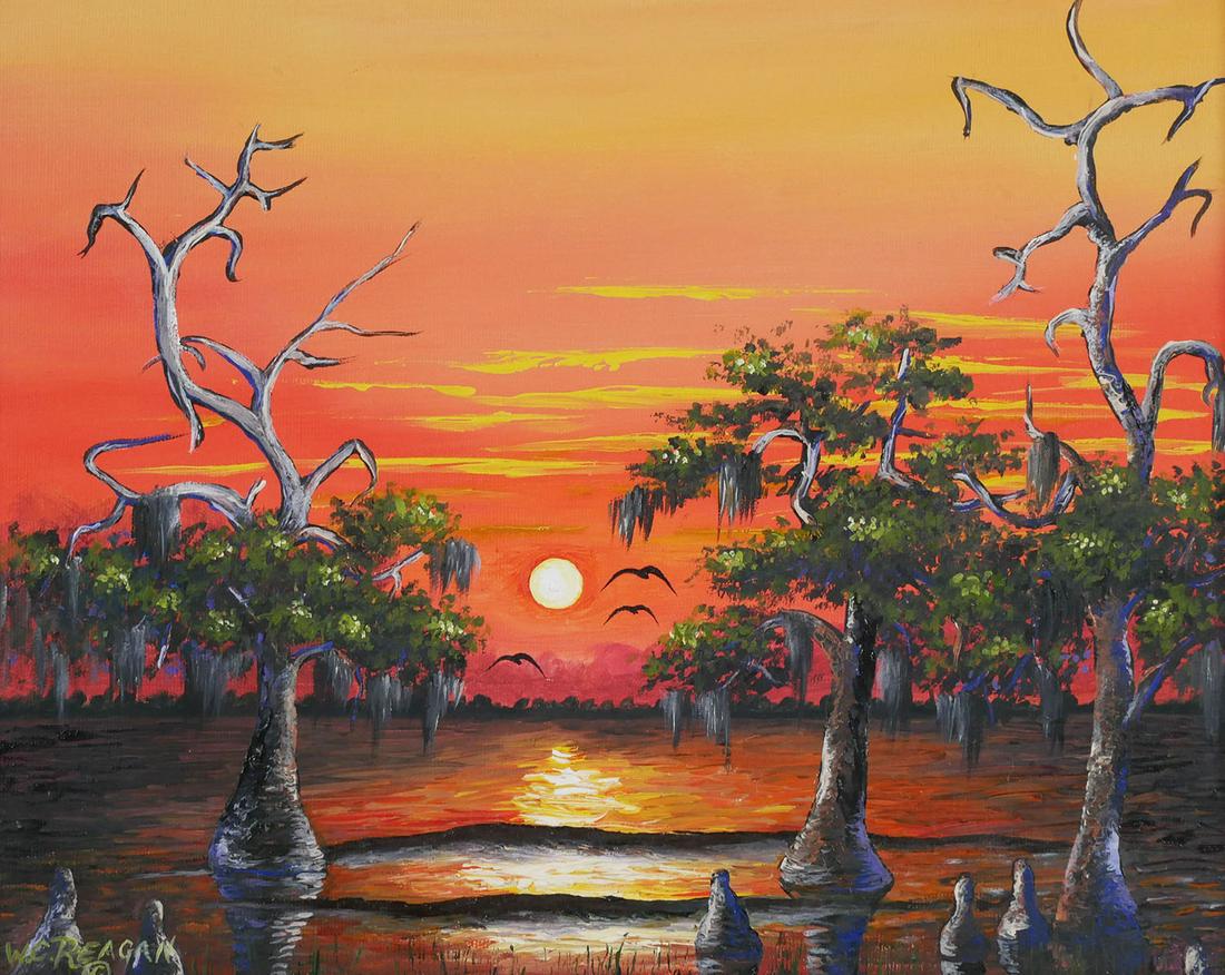 WILLIE C. REAGAN, Highwaymen Painting: Oil on canvas painting by Highwaymen Painter Willie C. Reagan. Signed at lower right and on stretcher verso. Titled "Blue Cypress Lake" and located to Indian River County, Vero Beach, Florida. Dated 2
