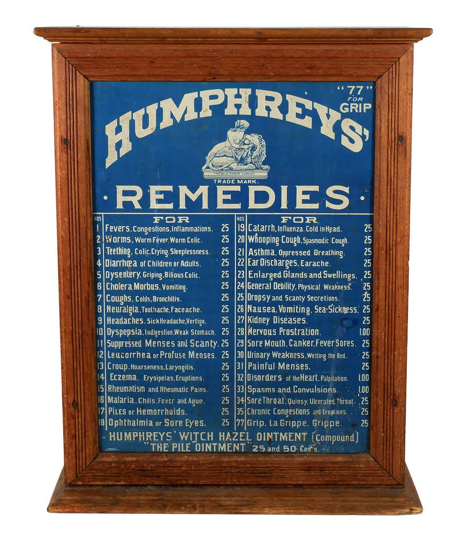 Antique Humphreys Remedies Store Cabinet: Antique Display Cabinet for Humphrey's Remedies. Several boxes of medicine still inside drawers, unopened. Original metal advertising panels on both sides. Cabinet measures 28 x 10 x 22 inches. This i