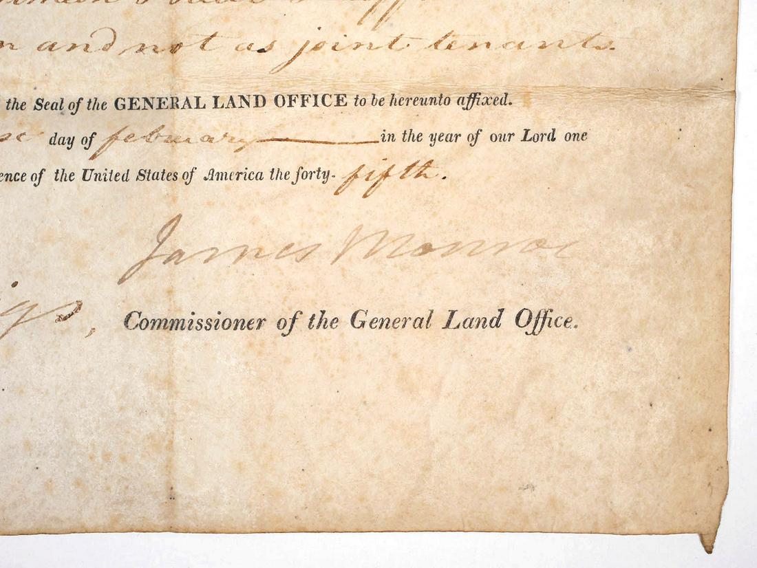 JAMES MONROE, Signed Document as President: Document signed by JAMES MONROE (5th U.S. president). Land grant dated February 21, 1821 for Simeon and Paul Huffman. Measures 10" x 16-1/8". This document is one of several dozen important signed pie