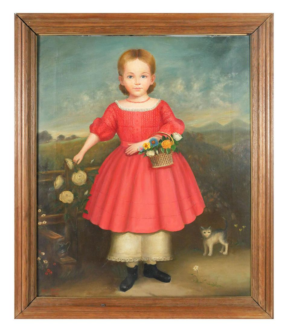 1849 American School Portrait, o/c, Signed: 19C folk or vernacular painting of a young girl and a cat. Signed "John Adam" at the lower left and dated 1849. Canvas measures 30" x 25", frame to 35" x 30". This item will need to be shipped by a pa